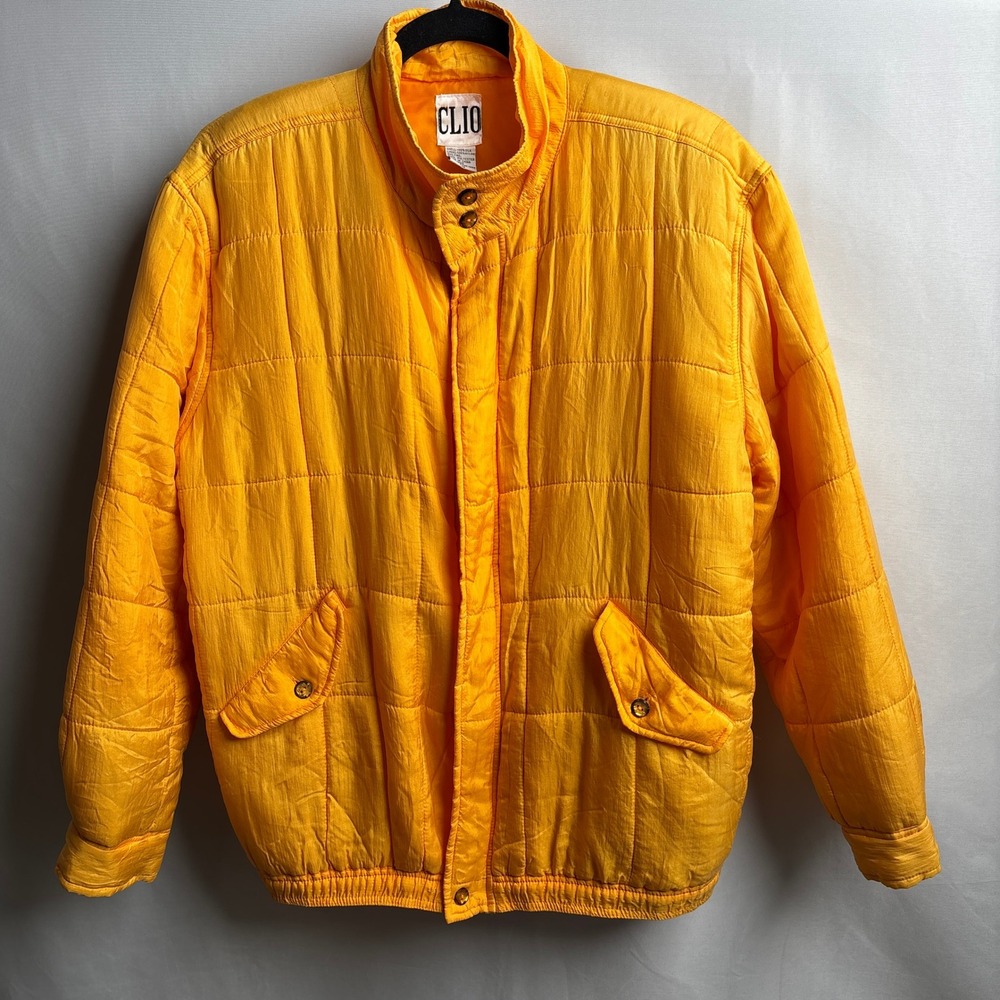 Clio Vintage 90s Y2K Quilted 100% Silk Bomber Jacket Yellow Orange M Bright VTG